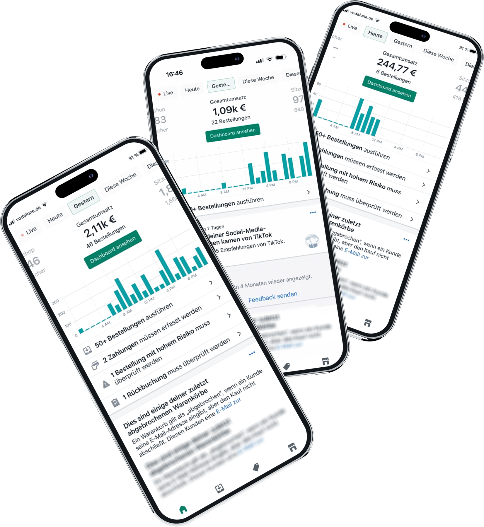 Shopify Dashboard auf 3 iPhones